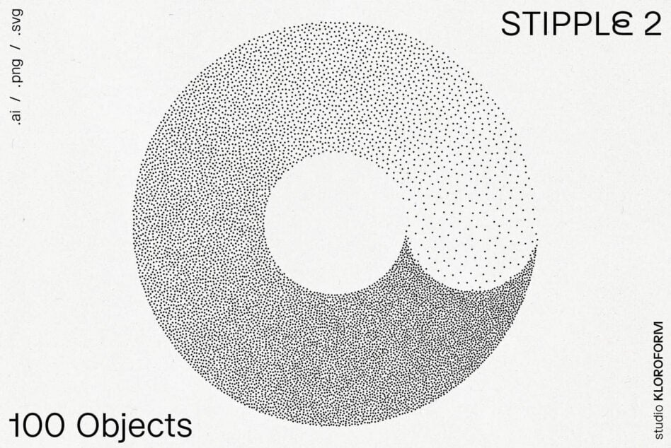 Minimalistic stipple graphic design with a circular dot pattern, ideal for designers. Available formats: AI, PNG, SVG. Keywords: stipple, graphic, design.