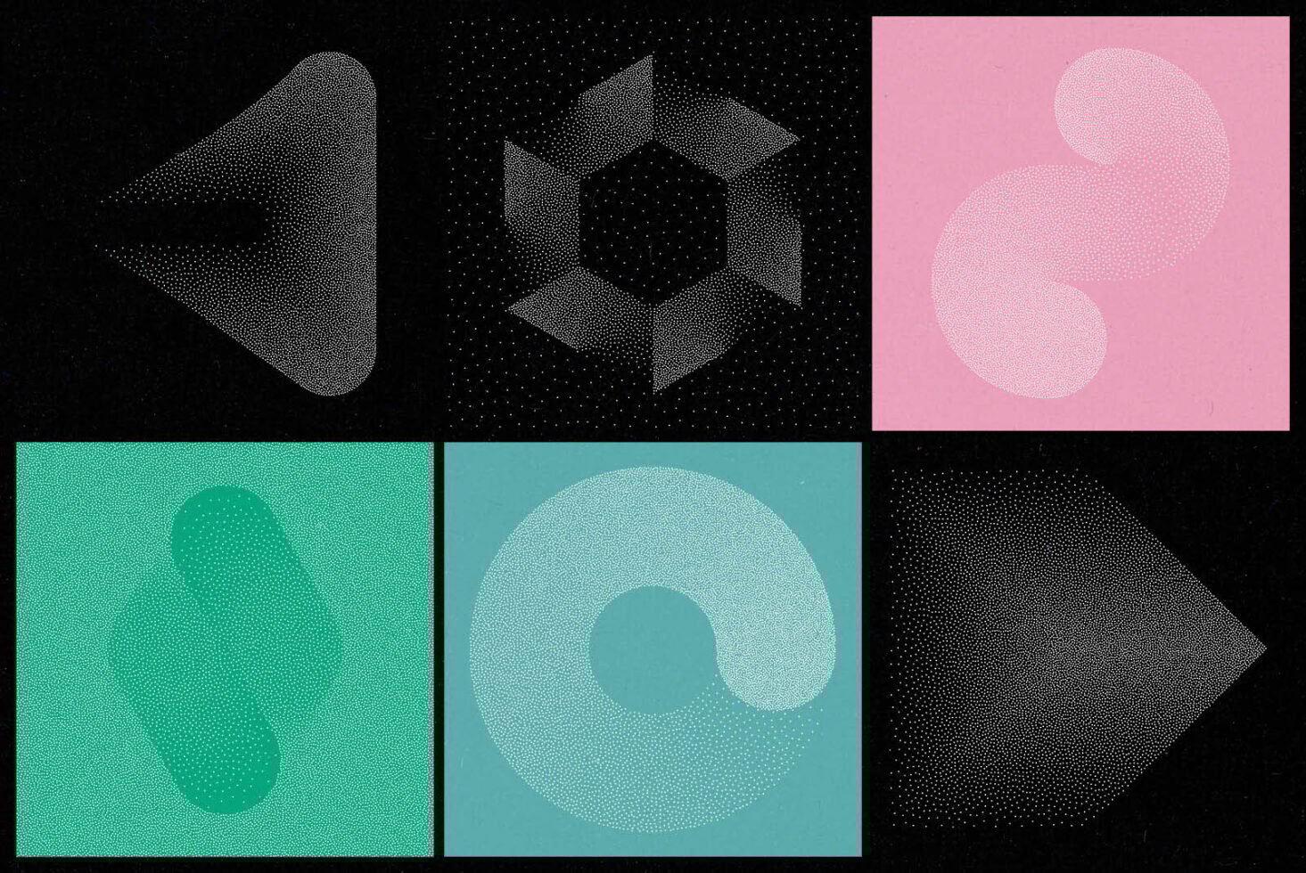 Set of six abstract geometric shapes with halftone dots on colorful backgrounds suitable for graphic design projects or digital art templates.