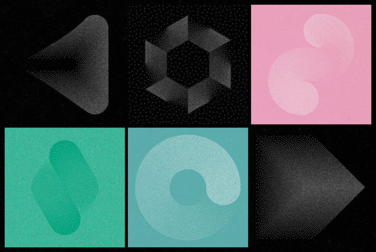 Halftone abstract geometric shapes on black and pastel backgrounds. Ideal for designers seeking unique graphic elements and templates for projects.