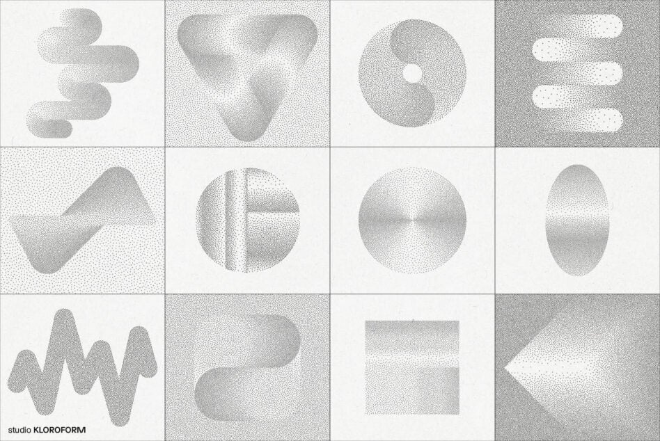 Set of abstract dotted patterns in various geometric shapes perfect for graphic designers; ideal for use in templates or graphic design projects.