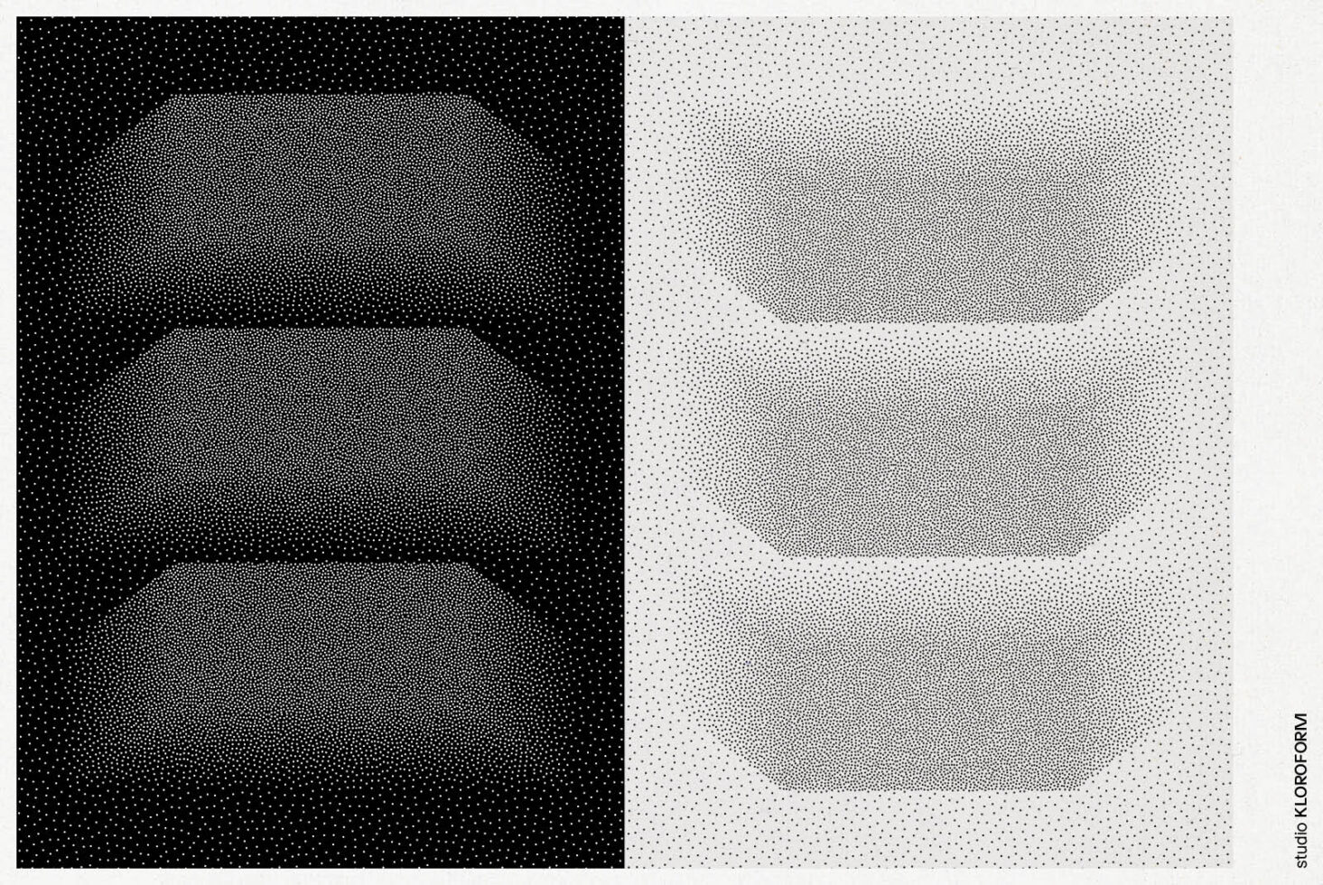 Monochrome geometric dot pattern, left black on white and right white on black. Ideal for abstract design graphics for designers and artists.