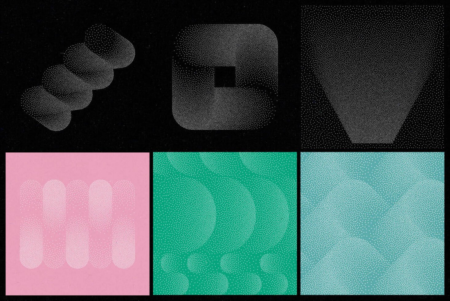 Abstract halftone patterns in black dark colors on a grid. Ideal for graphic design textures digital assets or backgrounds in design projects.