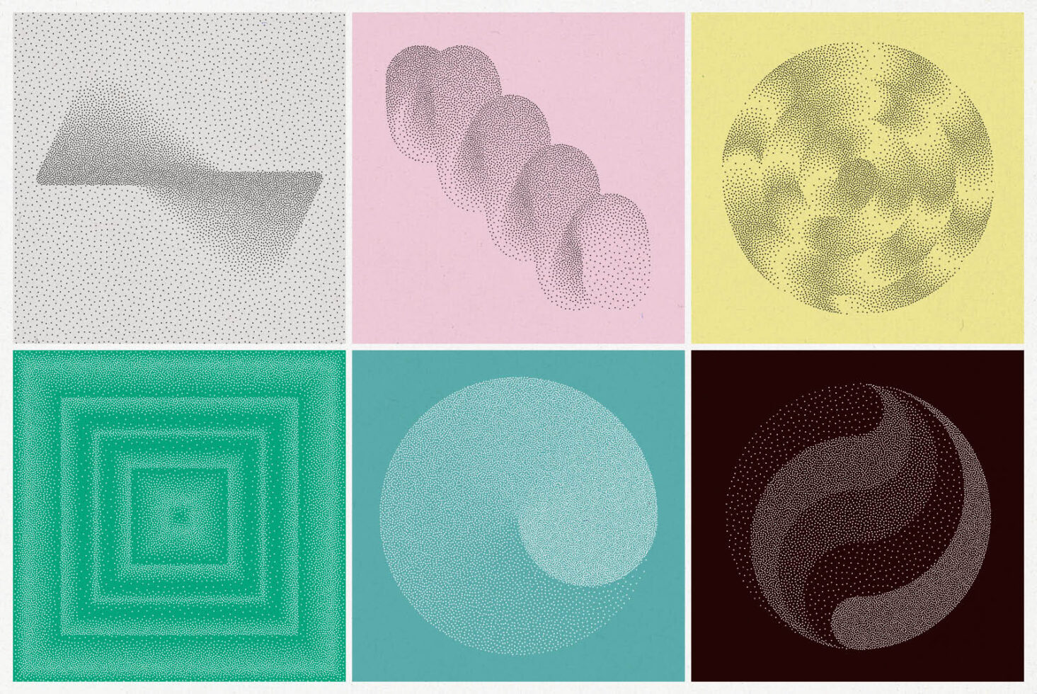 Set of six abstract halftone patterns in pastel and dark colors ideal for graphic design, templates, mockups, digital assets for creative projects.