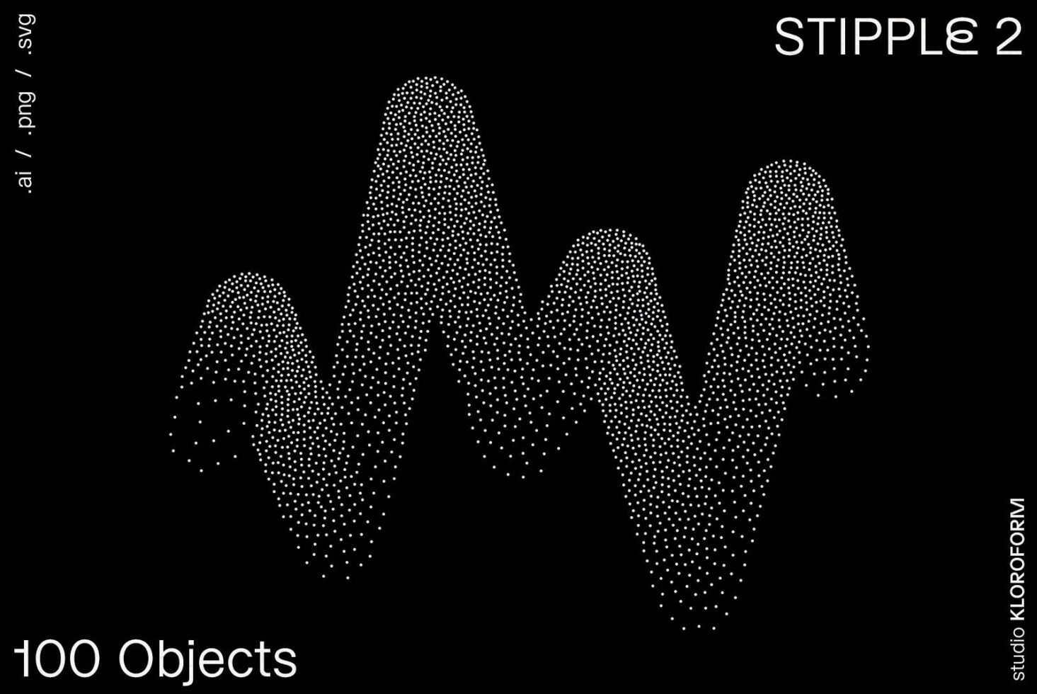 Stipple 2 abstract wave pattern made of dots on black background digital graphic asset for designers includes 100 objects in AI PNG SVG formats.