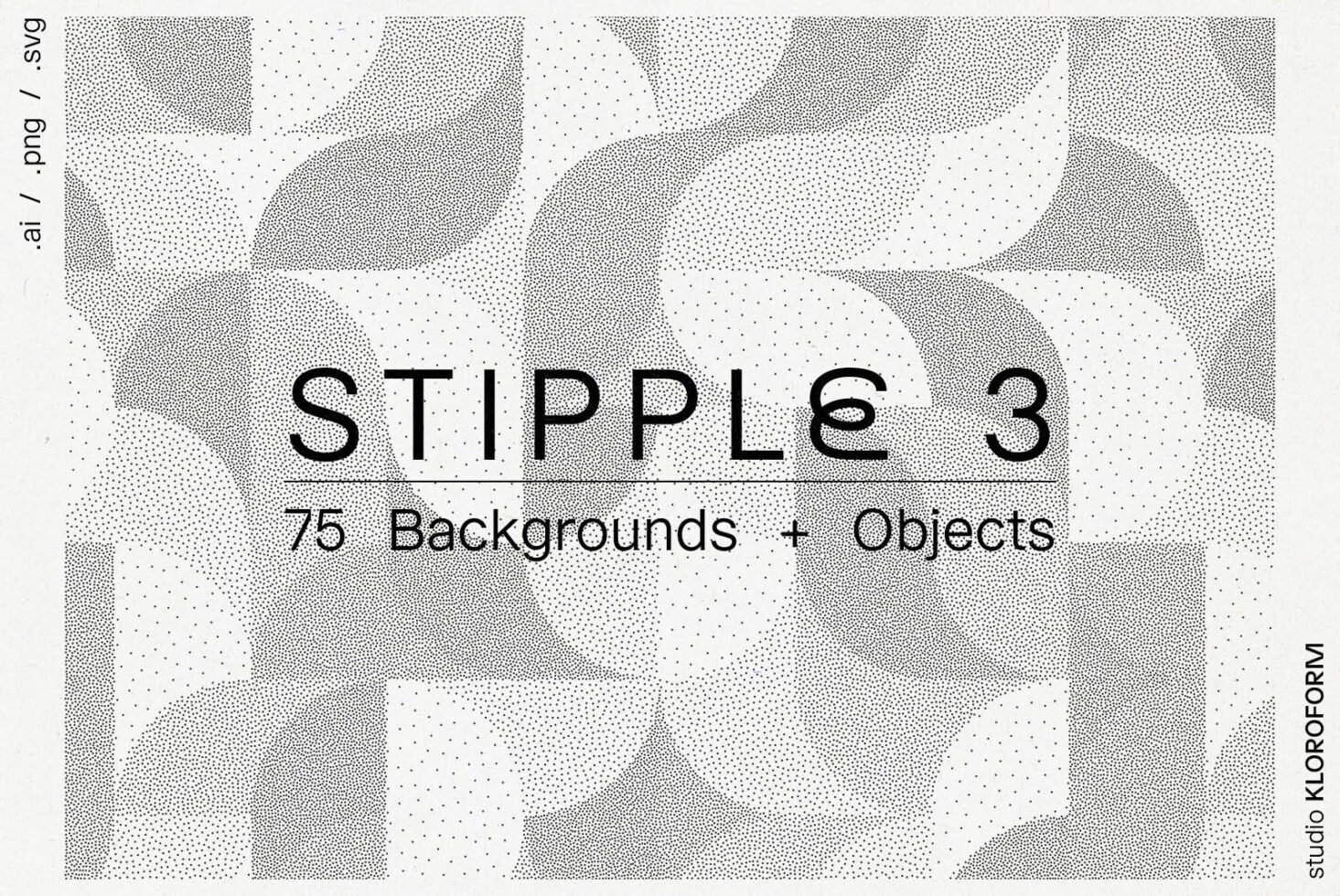 Stipple 3 design pack with 75 dot-pattern backgrounds and objects for creative projects in PNG SVG AI formats suitable for designers seeking unique graphics.