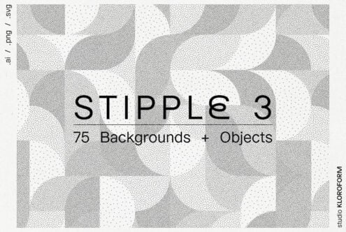 Stipple 3 design pack with 75 dot-pattern backgrounds and objects for creative projects in PNG SVG AI formats suitable for designers seeking unique graphics.