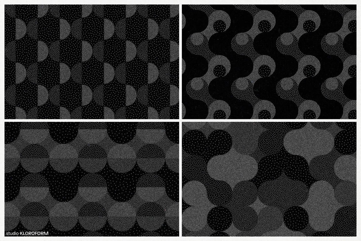 Seamless geometric patterns with dotted texture in grayscale tones suitable for digital graphics and templates ideal for designers seeking unique textures