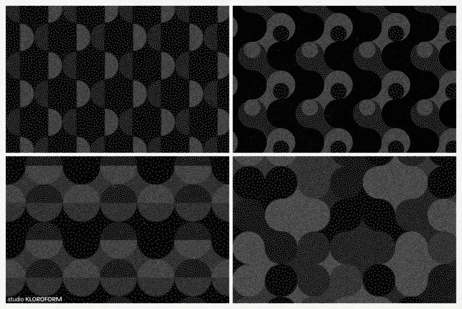 Four black backgrounds with white dotted circular repeating patterns, flowing wave design