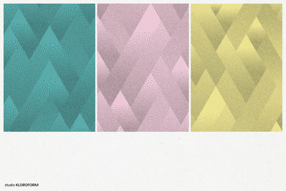 Three dotted pattern panels in teal, mauve, yellow with overlapping triangle motifs