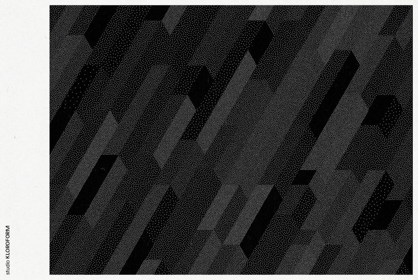 Abstract dotted geometric pattern with diagonal black shapes on a white background suitable for graphic design templates and artistic mockups.