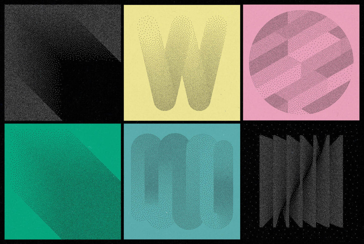 Abstract halftone graphics with geometric shapes and letters on colored backgrounds. Ideal for designers seeking colorful digital assets. Keywords: graphics, design.
