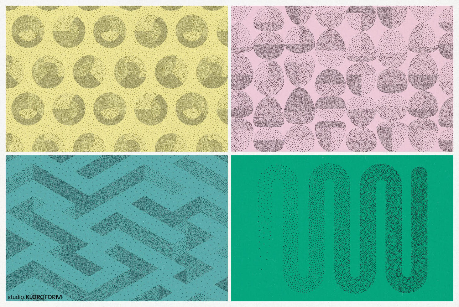 Abstract geometric patterns in four quadrants with textured dot motifs in pastel and bold colors for digital design assets. Ideal for graphic templates.