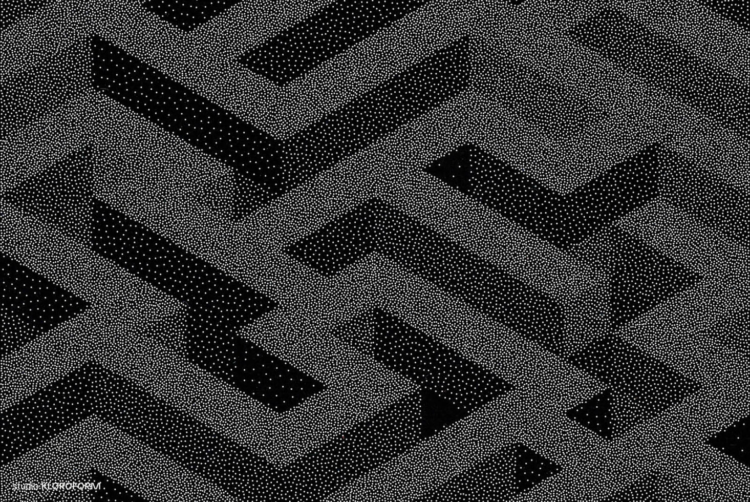 Abstract black and white geometric pattern with dotted texture creating optical illusion. Ideal for graphic design templates or backgrounds.