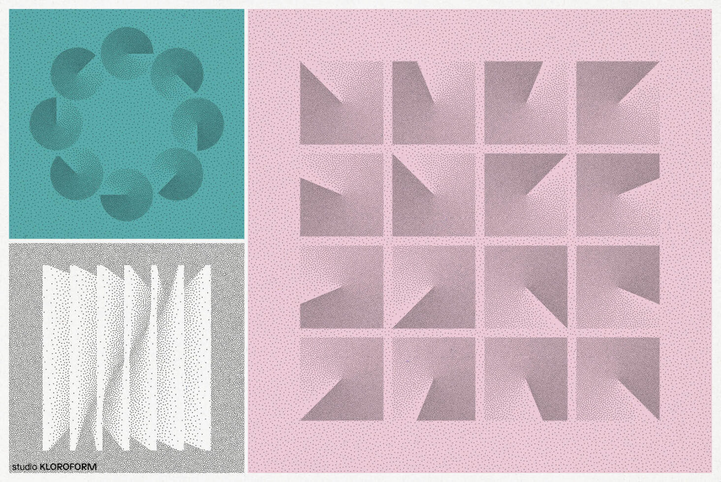 Abstract geometric design with circles and triangles in teal and pink grids; modern graphic for templates and mockups; ideal for designers.
