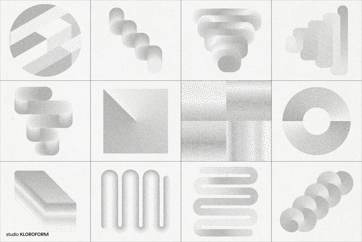 Abstract geometric shapes set with halftone texture perfect for graphic design templates. Includes patterns, circles, gradients for creative projects.