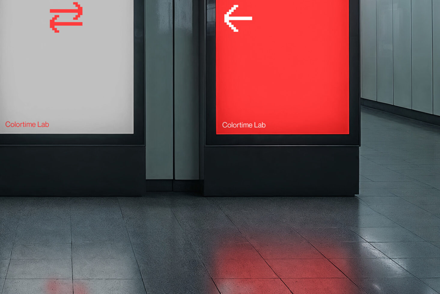 Red and gray billboard mockups in sleek interior. Pixel arrows point right and left. Ideal for showcasing advertisements in modern settings.