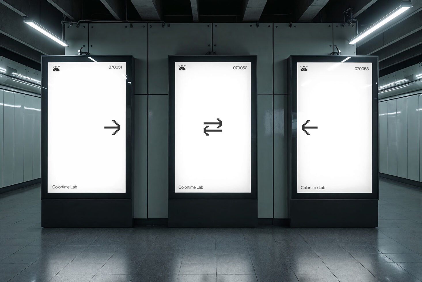 Underground station with three blank ads displaying pixelated arrows; urban mockup concept for graphic designers; advertising, creativity, design showcase.