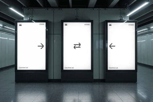 Underground station with three blank ads displaying pixelated arrows; urban mockup concept for graphic designers; advertising, creativity, design showcase.