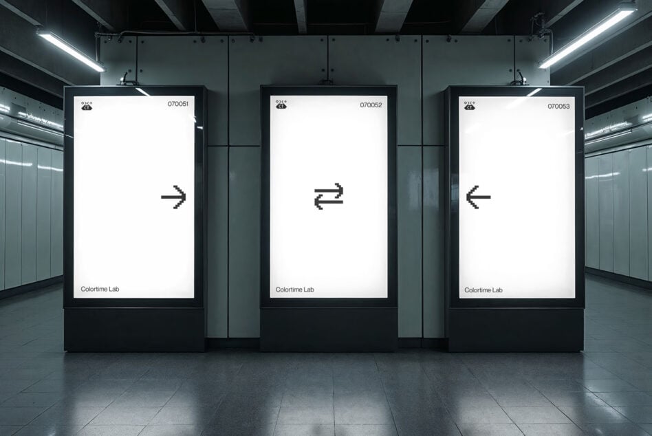 Underground station with three blank ads displaying pixelated arrows; urban mockup concept for graphic designers; advertising, creativity, design showcase.