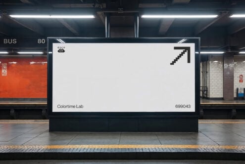 Subway station blank mockup billboard with pixel arrow, ideal for showcasing ad designs. Keywords: mockup, billboard, signage, advertising, subway.