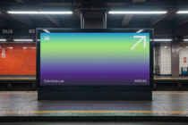 Subway station billboard displaying vibrant gradient from cyan to purple with pixel arrow