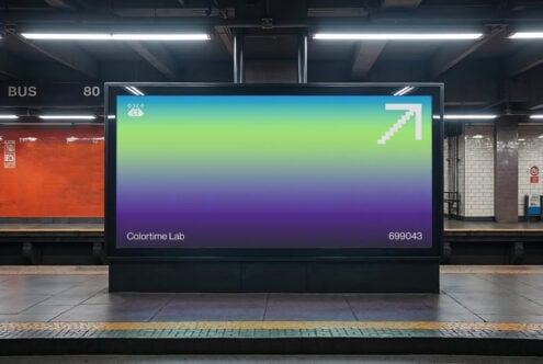 Subway ad mockup featuring a vibrant gradient from green to purple with pixel arrow design. Ideal for graphic designers seeking colorful templates.