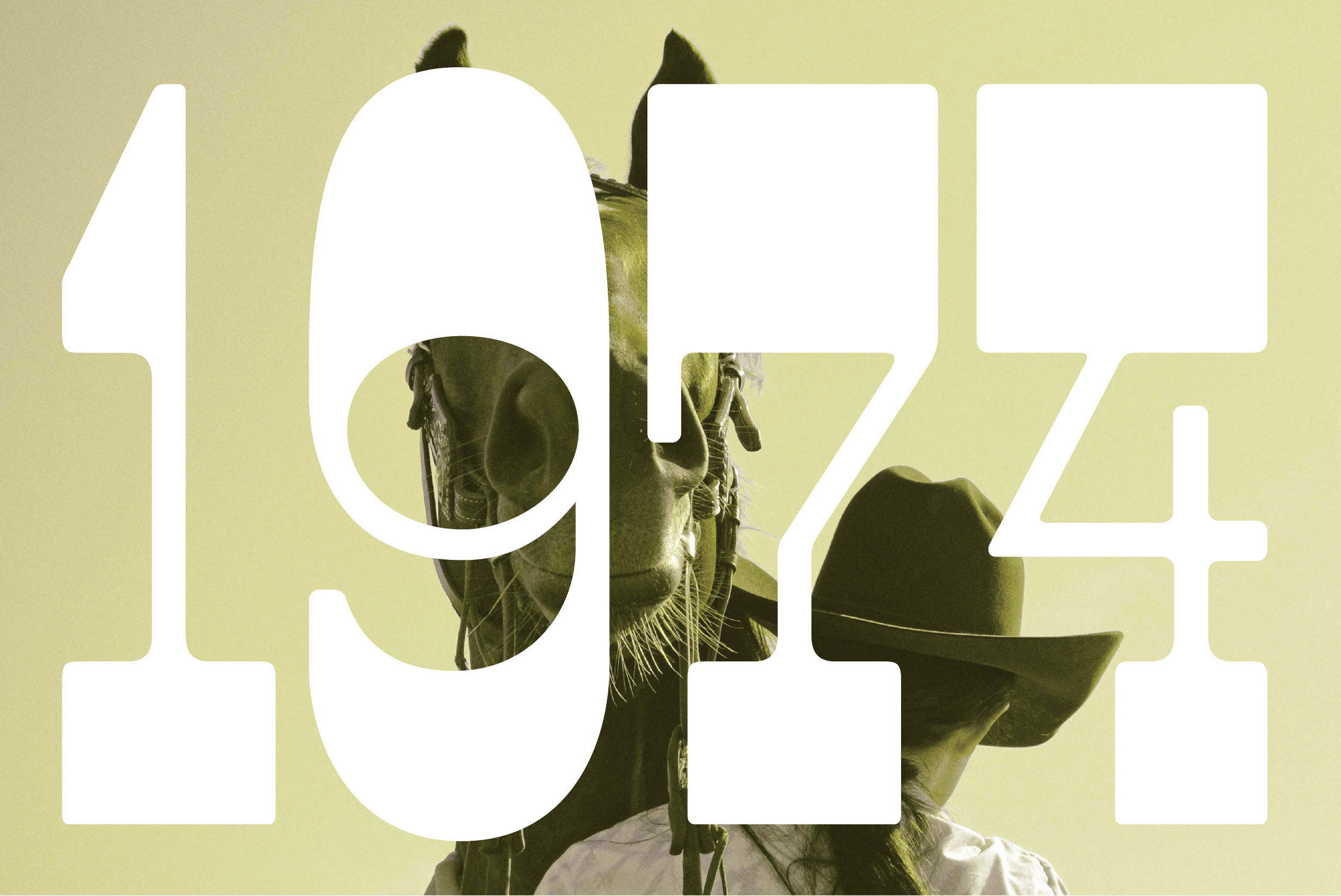 Bold vintage-style typography featuring the number 1974 overlaid on a faded western scene with a horse and cowboy design template retro graphic.