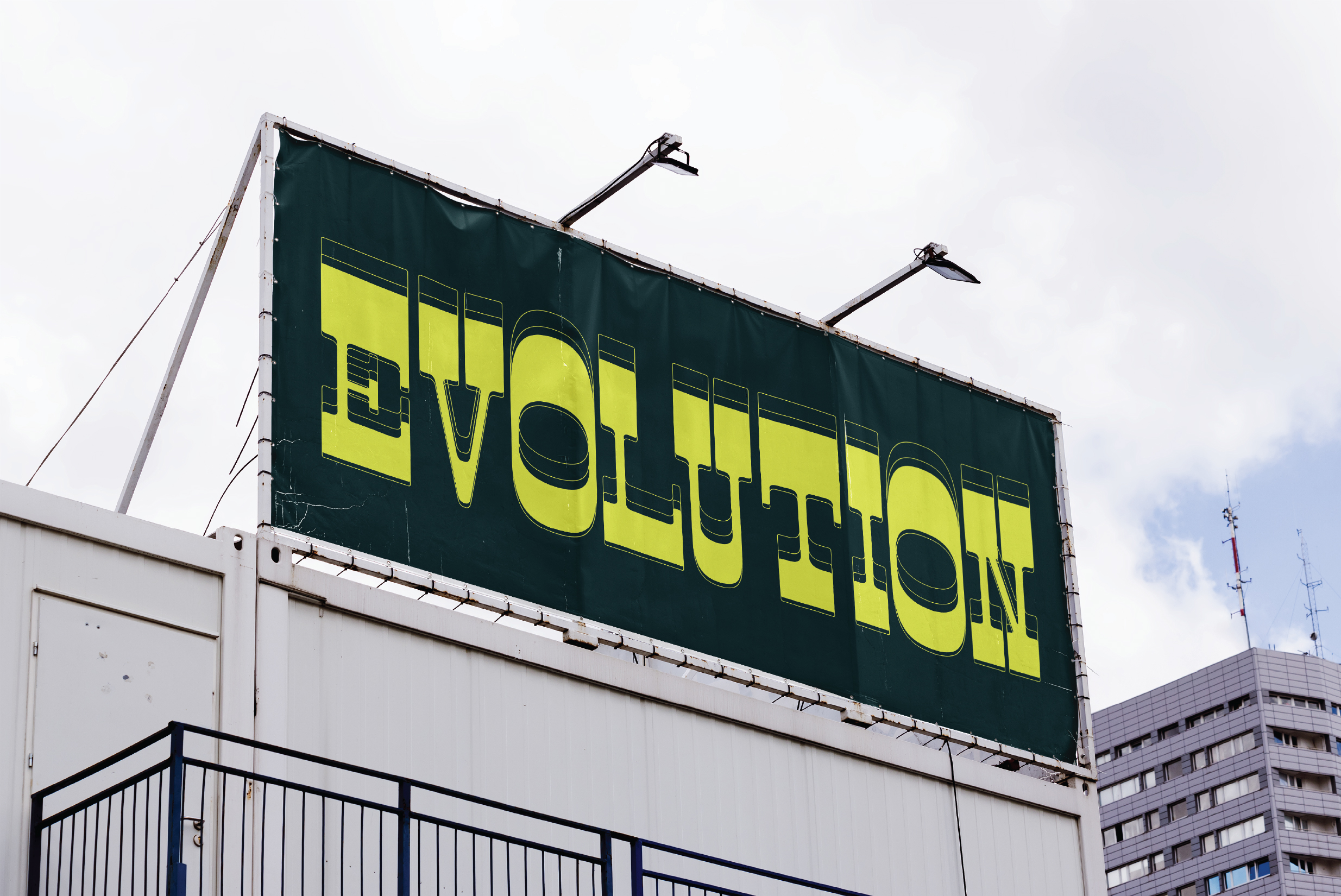 Banner with bold yellow text saying Evolution on a green background. Perfect for graphic design, mockup templates, urban design elements.