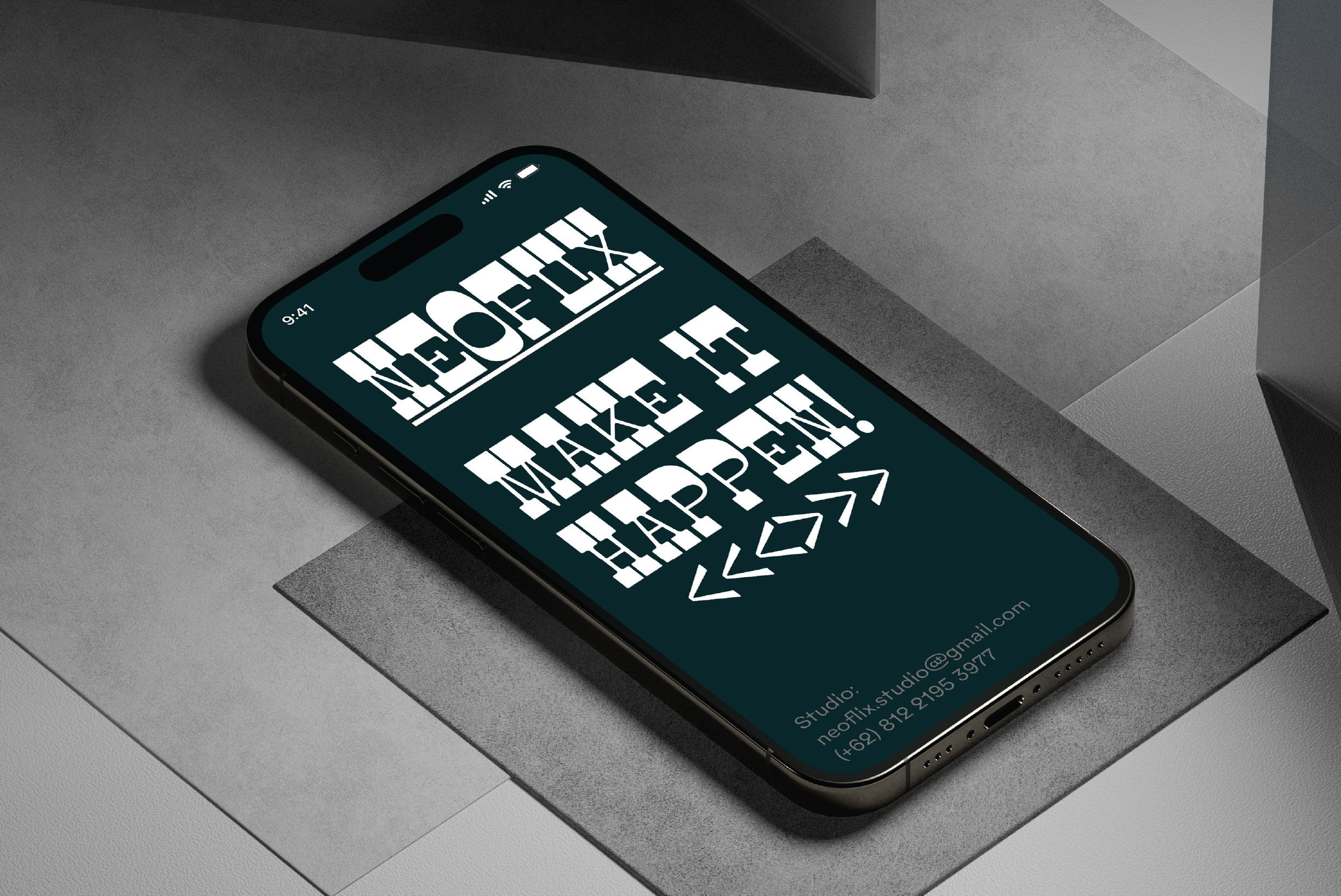 Smartphone mockup with bold graphic text reading NeoFix Make It Happen in creative font design. Ideal for templates and digital asset designers.
