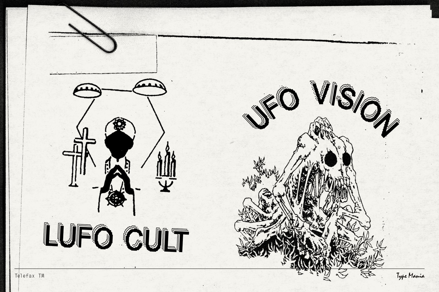 Black and white illustration featuring UFO-themed cult motifs and a creature, suitable for designers needing unique graphics or templates in sci-fi themes.