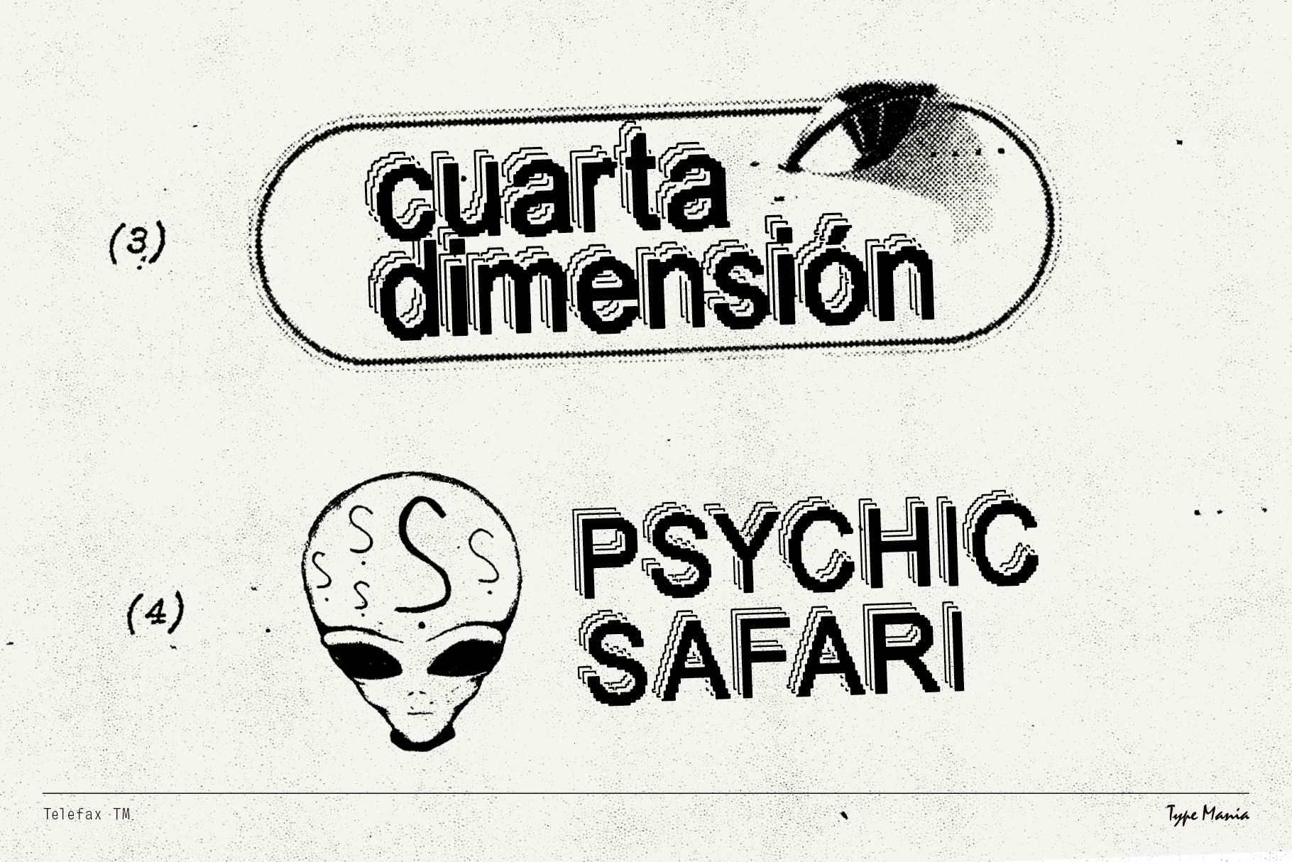 Vintage poster with texts cuarta dimension and psychic safari featuring an alien illustration. Suitable for graphic designers. Keywords: retro design, poster.