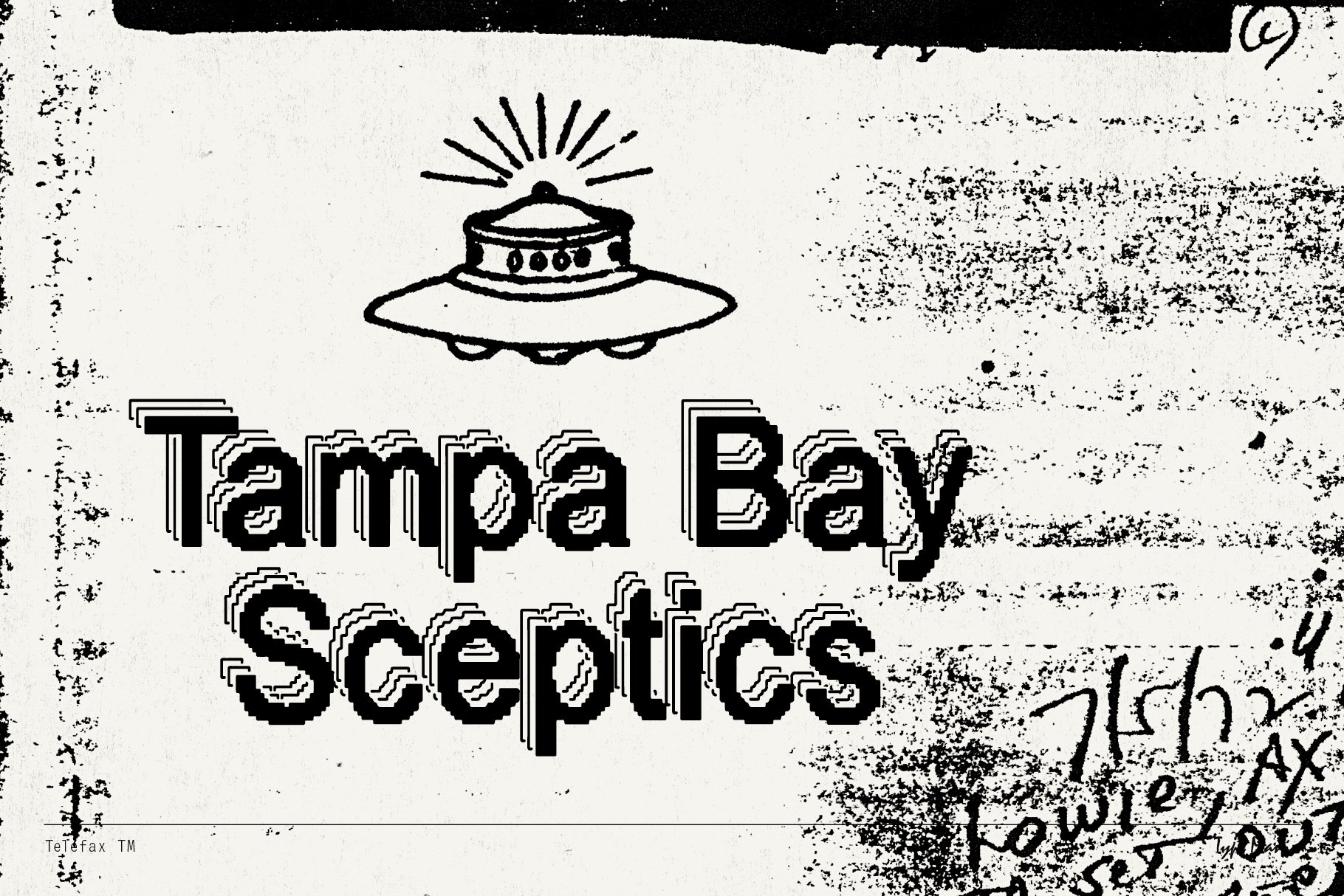 Retro UFO illustration with pixelated text Tampa Bay Sceptics in bold black and white suitable for graphic designers looking for vintage design elements.
