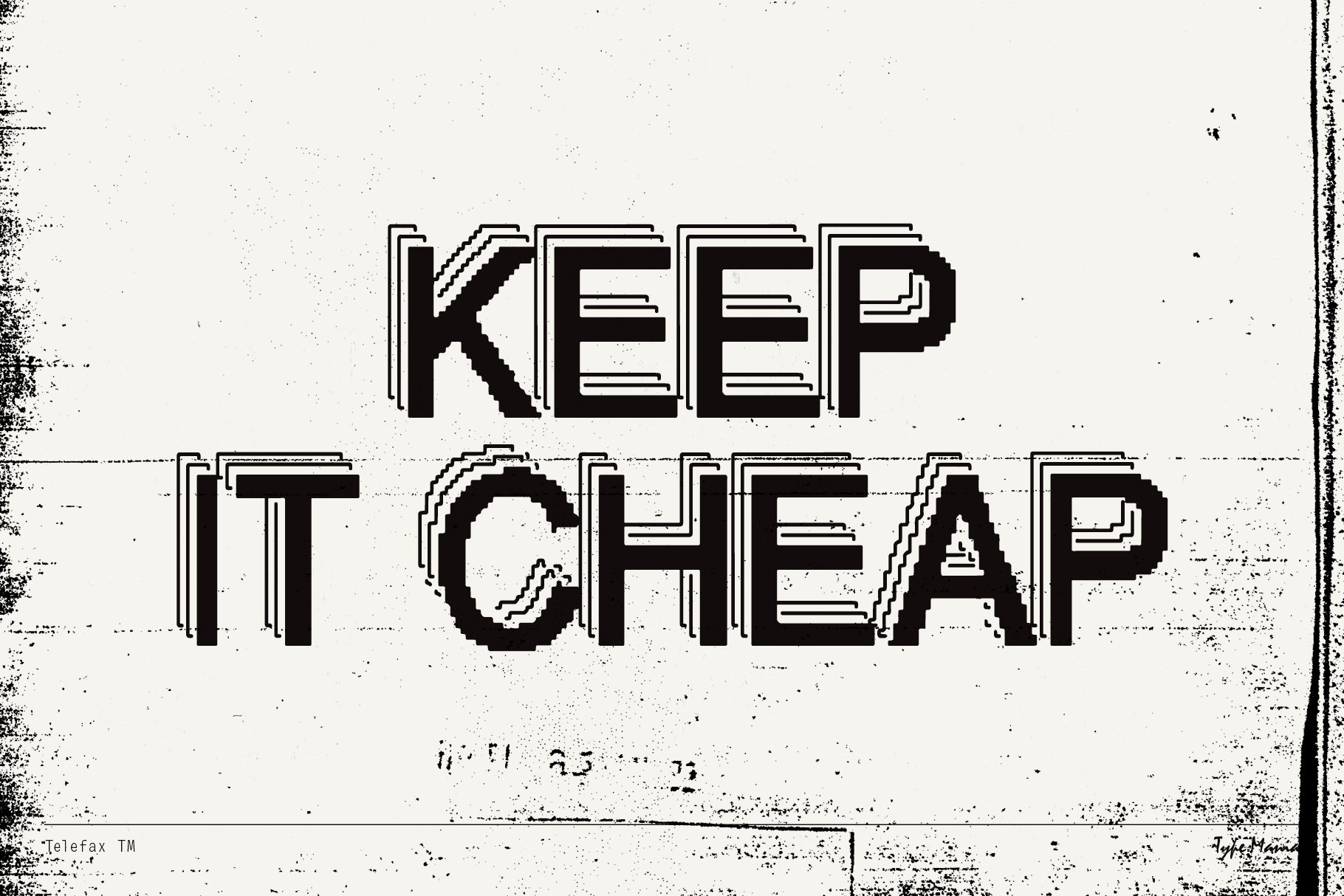 Retro pixelated typography art with the text Keep It Cheap, ideal for graphic design projects. Distressed texture for vintage design inspiration.