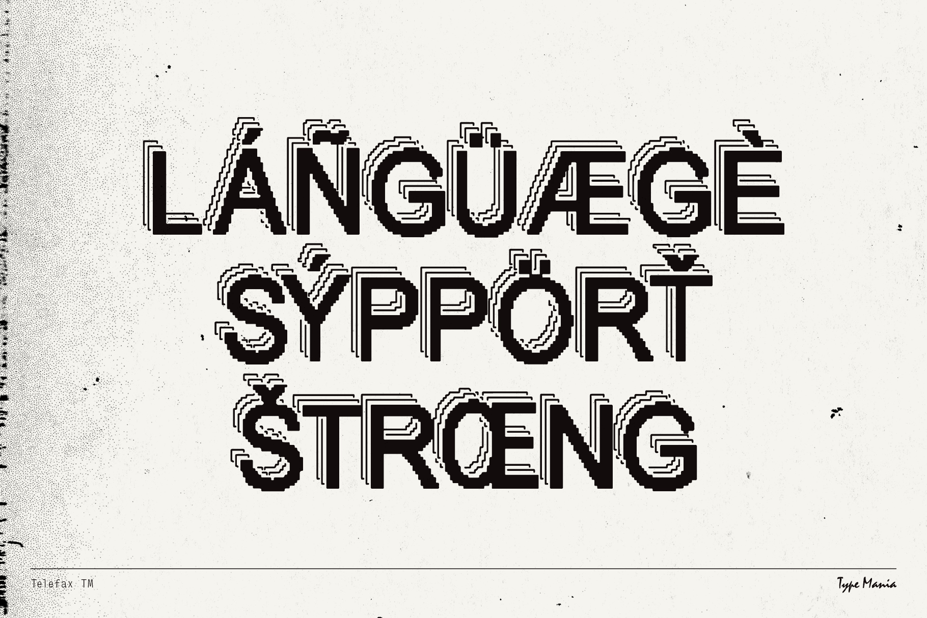 Bold pixelated typeface design with heavy shadows showcasing multilingual language support on a textured background ideal for graphic design projects.
