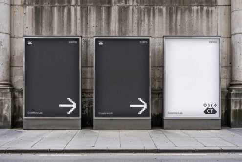 Outdoor advertising billboard mockup with three minimalist black and white posters with pixelated arrows for designers marketing templates graphics