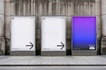 Three urban advertising posters display minimalist graphics and pixelated arrows. Use these modern mockups for street ad presentation. Suitable for designers.