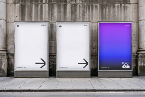 Three urban advertising posters display minimalist graphics and pixelated arrows. Use these modern mockups for street ad presentation. Suitable for designers.
