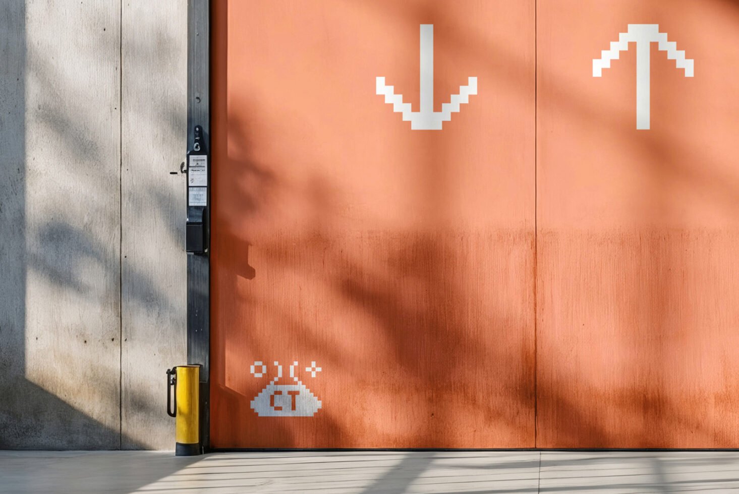 Industrial door with pixel art arrows on an orange surface, ideal for mockups, urban design projects, digital graphics, and templates.