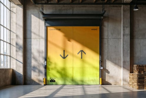 Industrial warehouse interior with a large gradient yellow door featuring pixel arrows. Keywords: mockup, design, industrial, warehouse, photography.