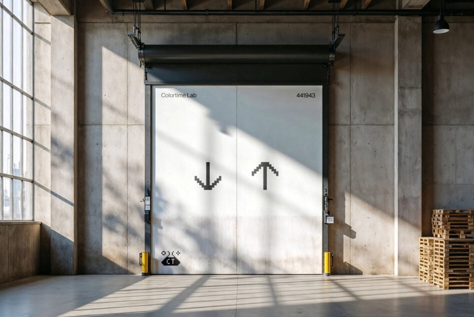 Industrial warehouse door with pixel arrow graphics sunlight casting shadows Colortime Lab signage minimalist design ideal for mockup templates industrial theme