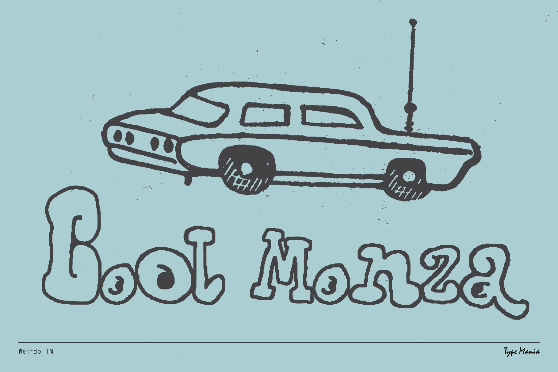 Hand-drawn retro car illustration with quirky text Cool Monza in a playful style perfect for design assets and graphic templates for designers.