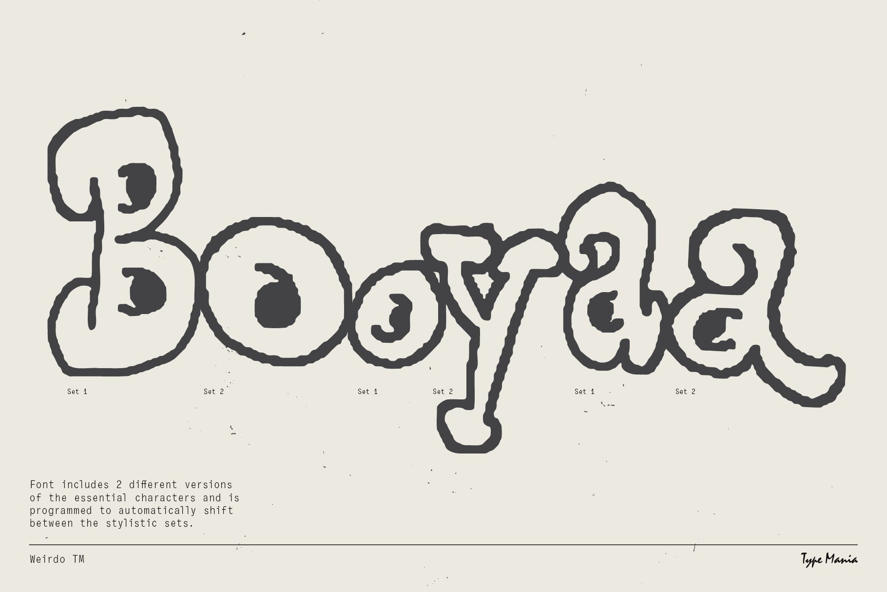 Bold quirky display font with stylized outlines spelling Booyaa. Ideal for creative typography projects, providing versatile character sets. Font design asset.