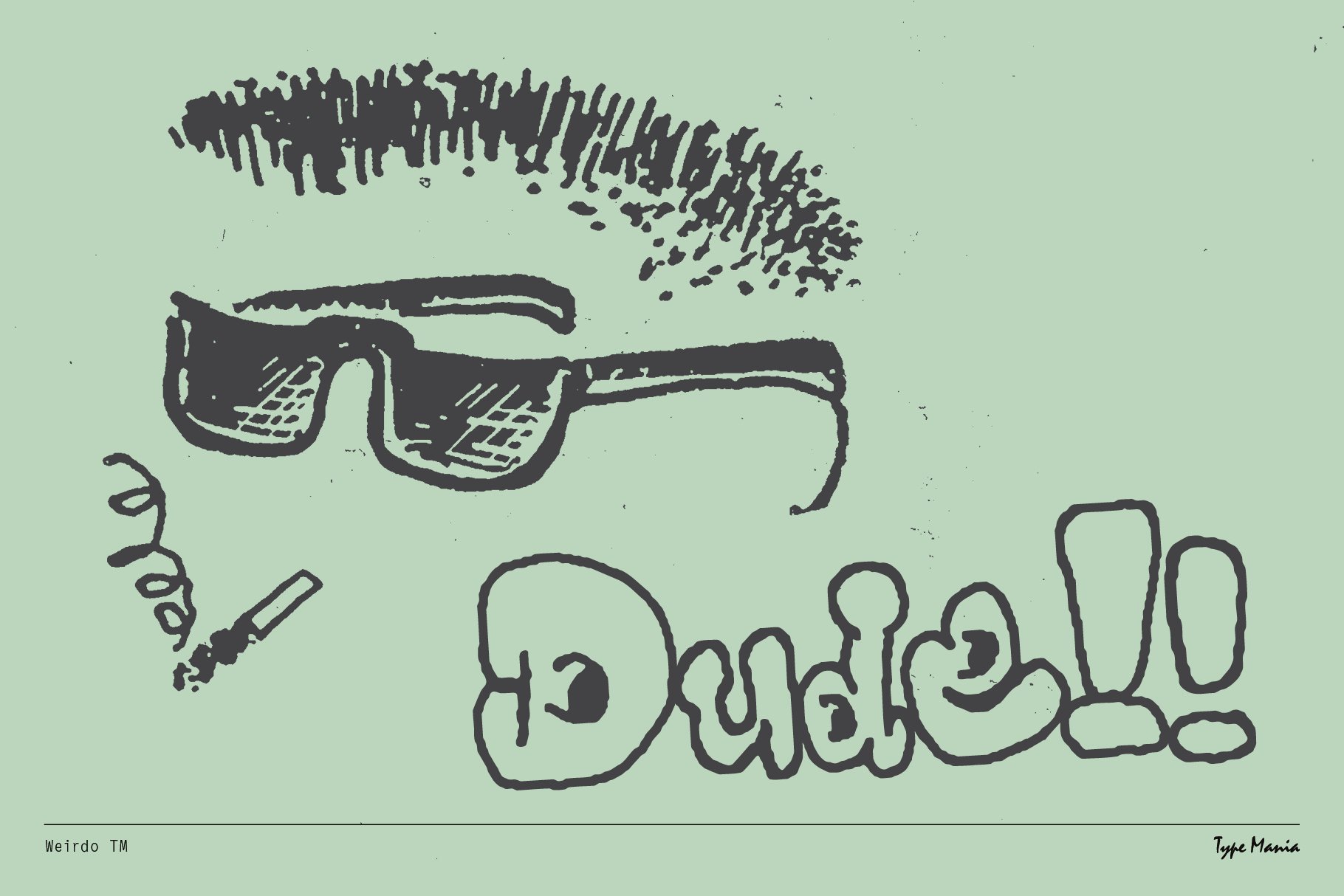 Retro font design featuring doodle-style sunglasses and handwritten Dude text on a green background graphic asset typography for designers.