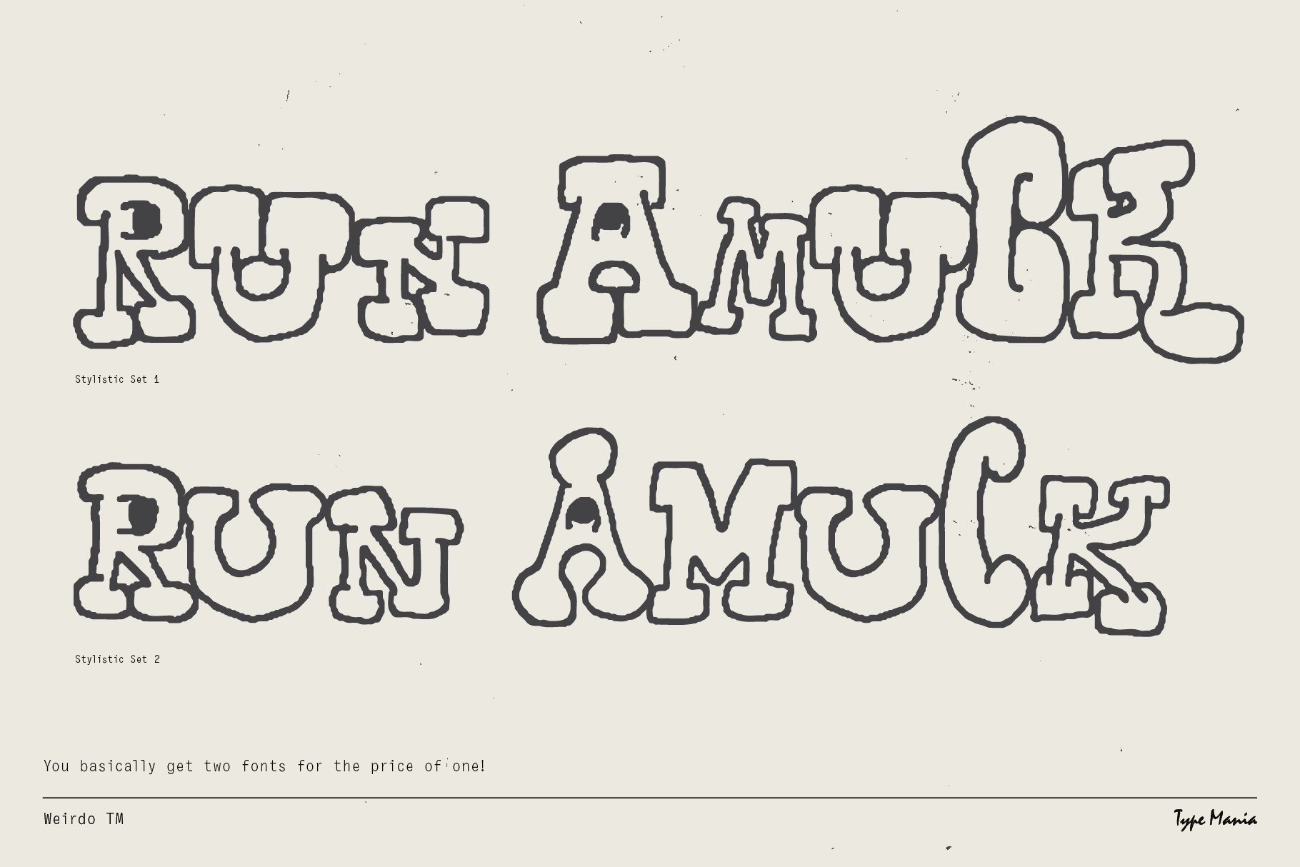 Playful decorative font featuring the phrase RUN AMUCK in two stylistic sets suitable for graphic design, typography, digital assets, creative projects.