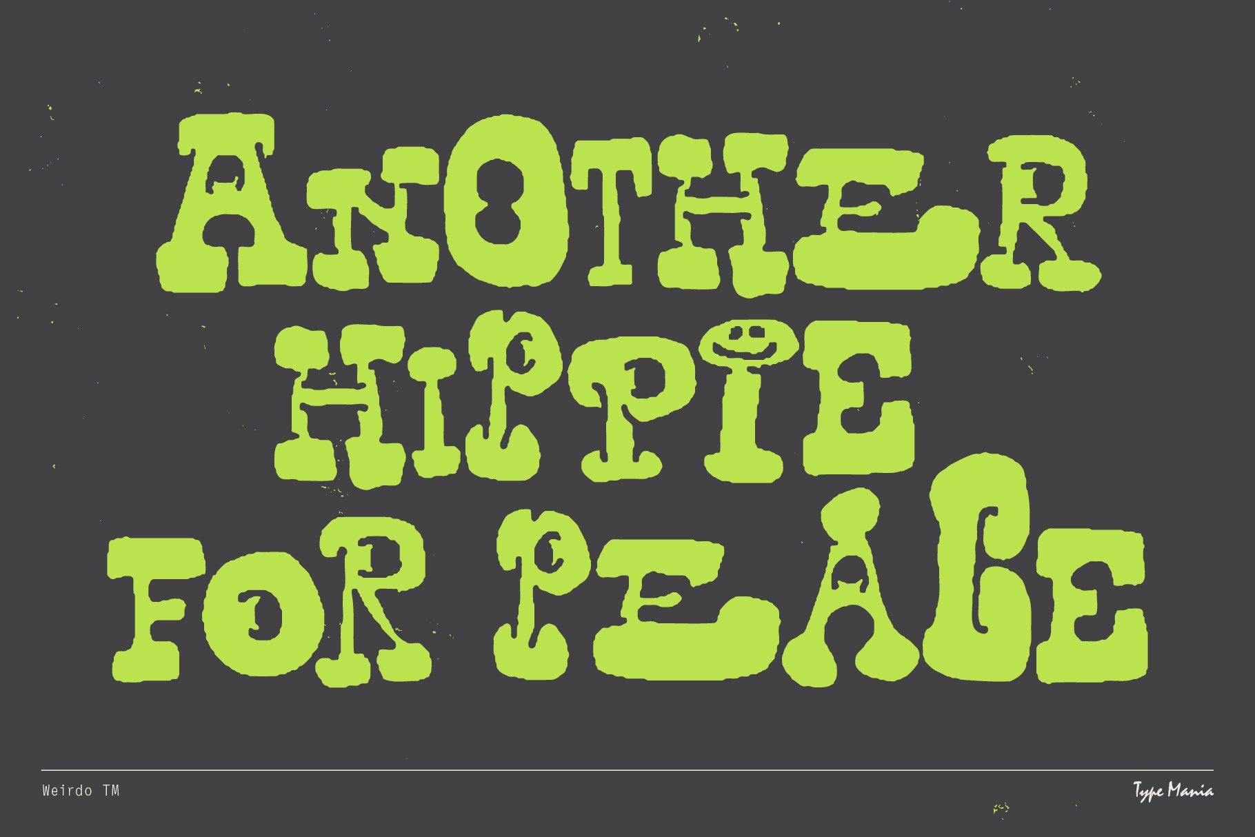 Retro psychedelic font Another Hippie for Peace in bright green on dark background. Ideal for graphic design typography templates vintage mockups.