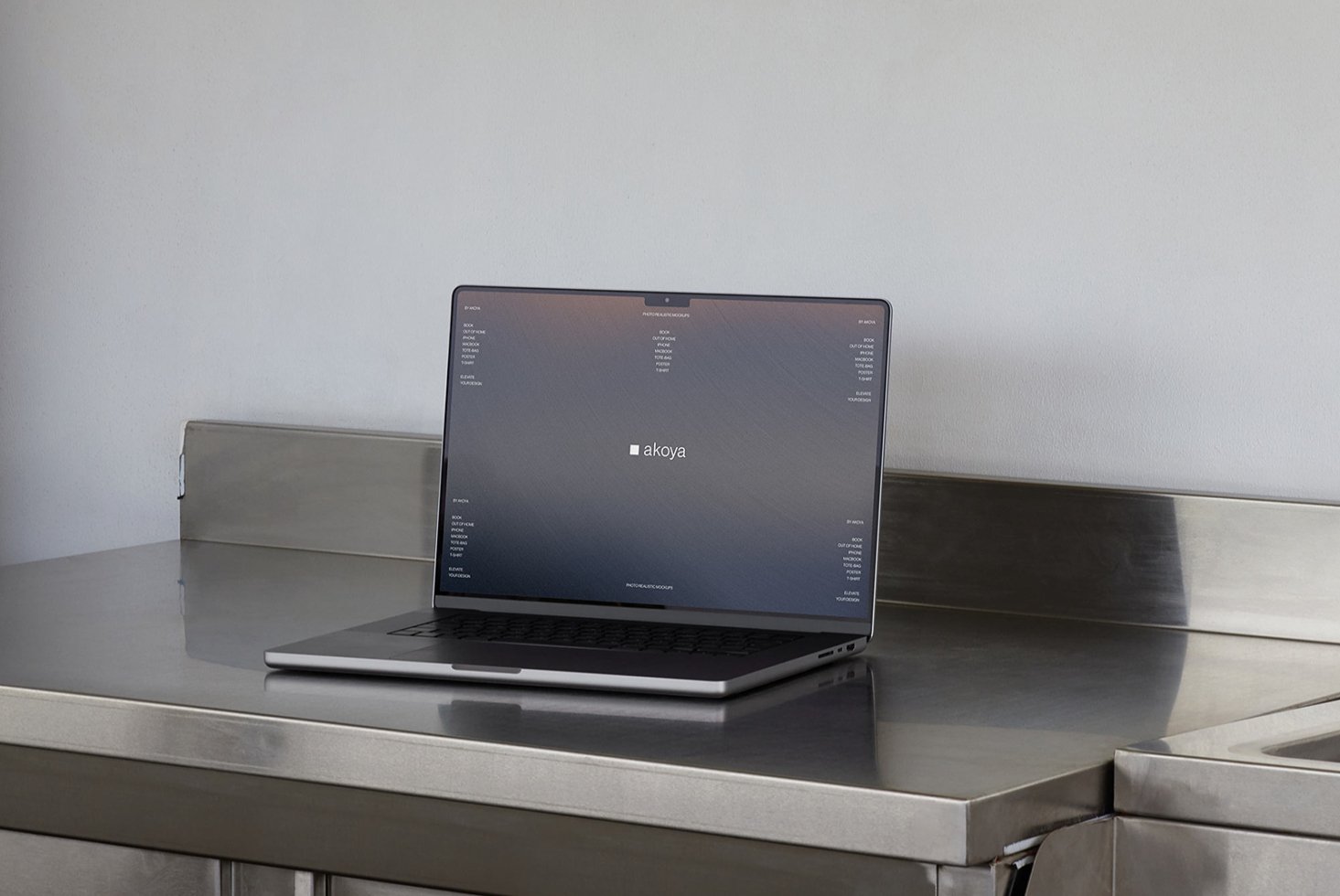Laptop mockup on a sleek metal surface in a minimalist setting. Perfect for showcasing app designs. Keywords: laptop mockup, digital design, app display