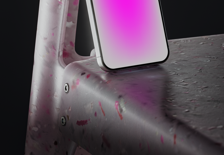 Modern smartphone mockup on a textured pink polymer chair with gradient pink screen showcasing design possibilities. Ideal for designers and presentations.