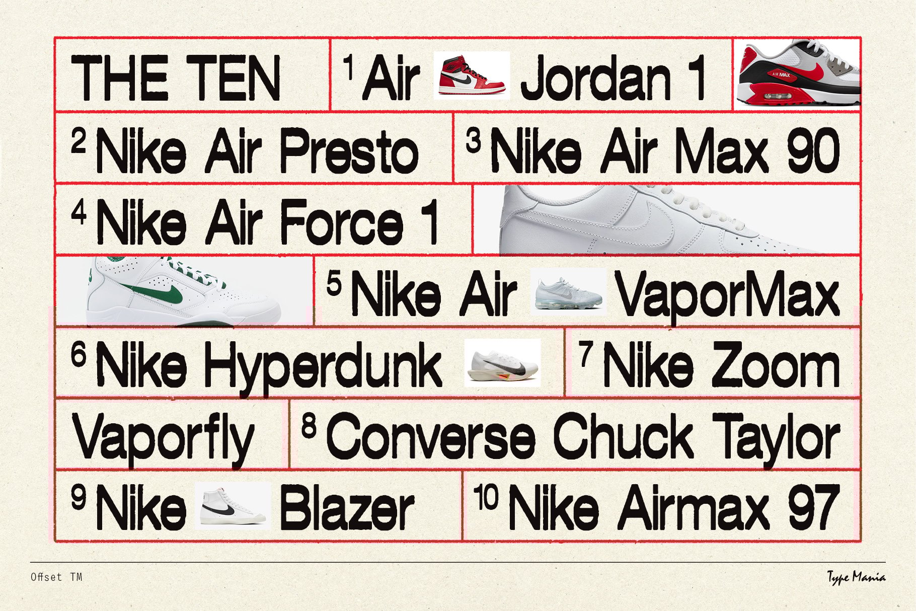 Grid layout featuring nine popular sneaker names with images; ideal for designers seeking trendy sports shoe graphics; footwear, sneakers, template.