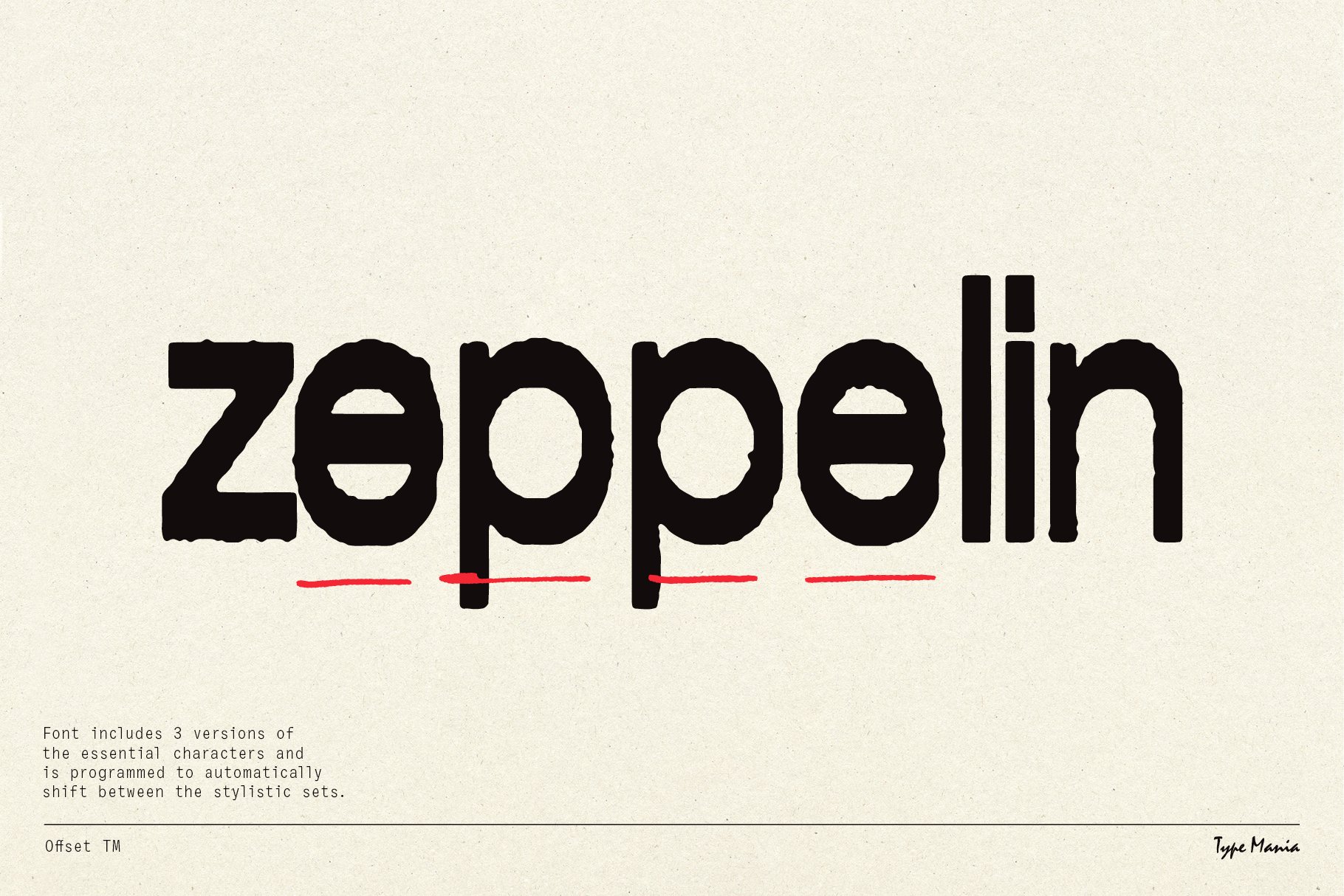 Bold display font featuring the word Zeppelin with red underline and textured background. Ideal for typography design projects and digital assets.