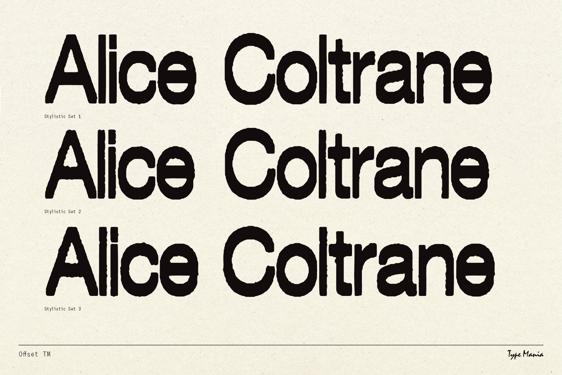Bold vintage-inspired serif font displaying Alice Coltrane in three stylistic sets. Ideal for typography, graphic design, and branding projects.